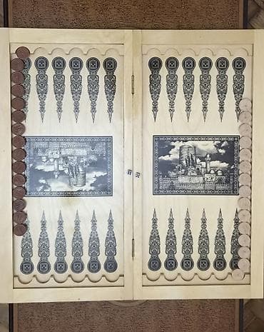 nerd oyunu: Ağ-qara ornamentli, “Old Baku – Maiden’s Tower” temalı taxta nərd — 2