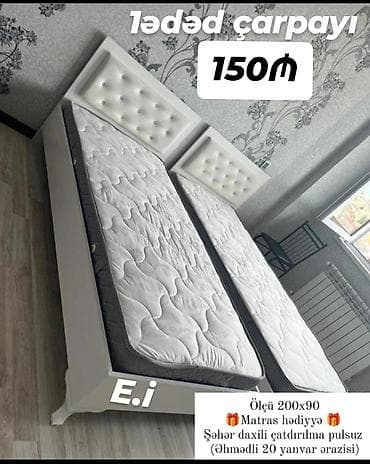 1 ədəd çarpayı – 150₼ - Ölçü: 200x90 sm - Başlıq: yumşaq, düyməli