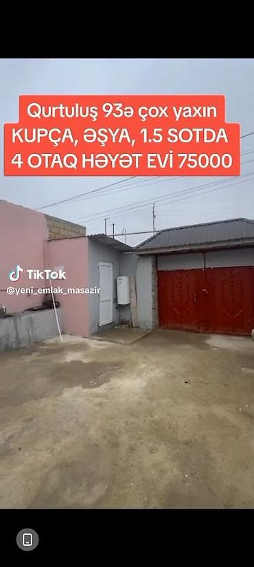 Qurtuluş 93-ə çox yaxın, kupçalı, əşyalı həyətyanı ev. - Sahə: 1.5