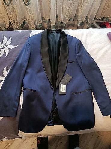 Mavi rəngli smokin üslublu kişi pencəyi - Model: Şal yaxalı, tək