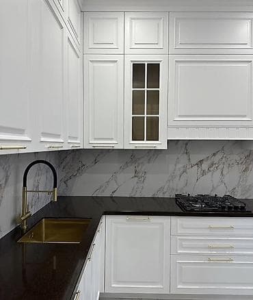 metbex şkaf: Klassik üslublu bəyaz mətbəx mebeli – L formalı layihə Xüsusiyyətlər — 4