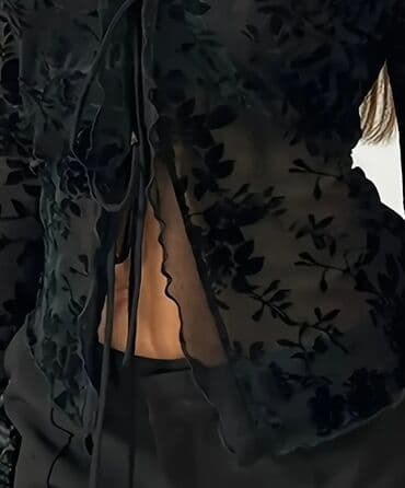 toxunma qadın köynəkləri: Qara şəffaf bluz - Parça: nazik şifon-effektli, üzərində məxməri — 3