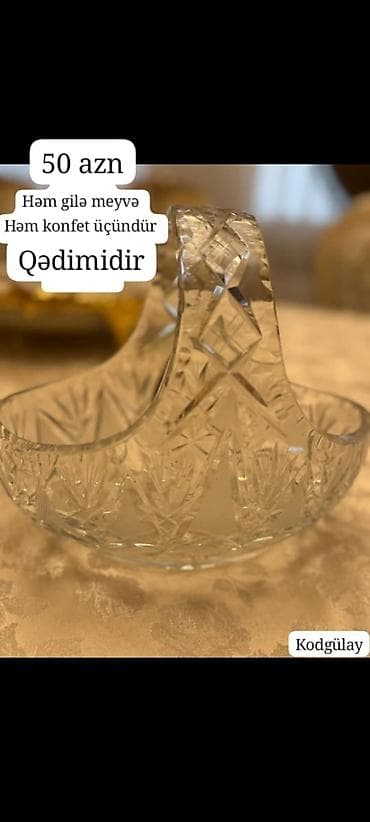 Кухонные принадлежности: Qədimi kəsme şüşə səbət qab - Gilə meyvə və konfet üçün uyğundur - — 1