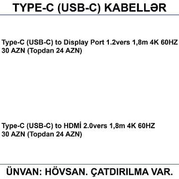 200 manatliq telefonlar: HDMİ DVİ VGA Display Port Type-C USB Kabellər 📍Ünvan: Bakı şəh — 7