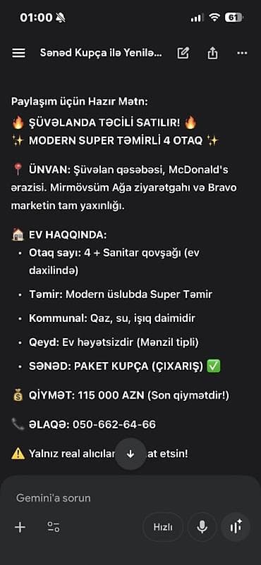 qala ev: Şüvəlanda modern üslubda təmirli 4 otaqlı mənzil tipli ev Ünvan: - — 1
