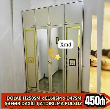 Geniş güzgülü paltar dolabı Ölçülər: H250 sm x E160 sm x D47 sm