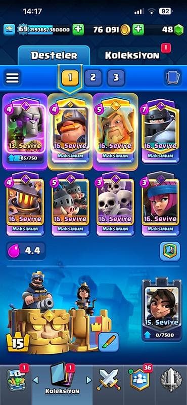 kosmetikalar: Clash Royale oyun hesabı - Kral səviyyəsi: 69 - Kasa: 76 091 qızıl — 2