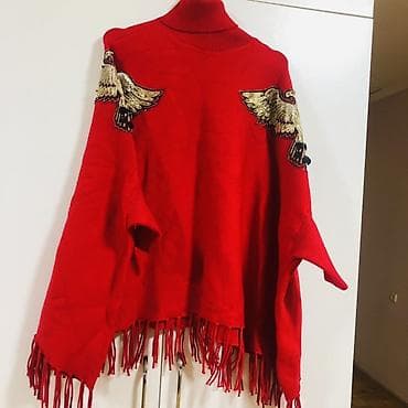 tulum paltar: Qırmızı ponço-sviter - Model: geniş kəsimli ponço üslubunda trikotaj — 1