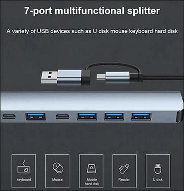 işlenmiş komputer: 7-Portlu USB Hub – USB-A və USB-C 2‑si 1‑də qoşulma Xüsusiyyətlər: - — 3