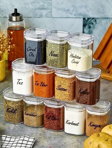 Şəffaf kvadrat ədviyyat qabları seti. Yenidi - Mətbəx üçün praktiki