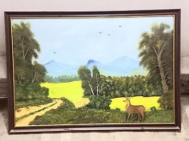 maral sekli: Məhsul: Yağlı boya tablo – “Dağ mənzərəsi və maral” Təsvir: - Kətan — 1