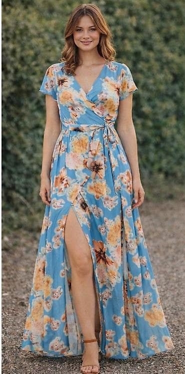 Mavi çalarların üzərində iri çiçək naxışlı maxi don. ölçü 38. -