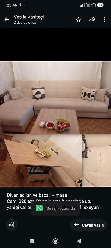 Divan acilan ve bazali + masa Cemi 220 azn.Divanin orta hissesinde