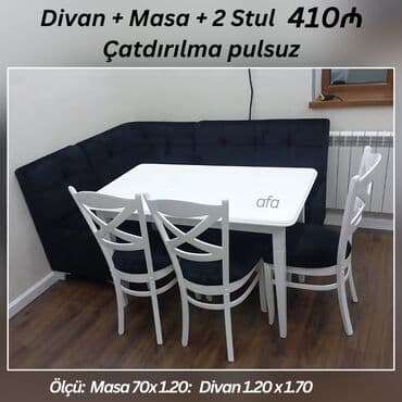 metbex ucun masa: 💫 Mətbəx Dəsti – 410₼ 📏 Ölçülər: • Divan: 1.20 × 1.70 m • Masa — 3