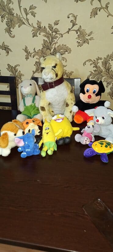 Müxtəlif formalı və ölçülü yumşaq oyuncaqlar dəsti. Dəstdə cizgi film