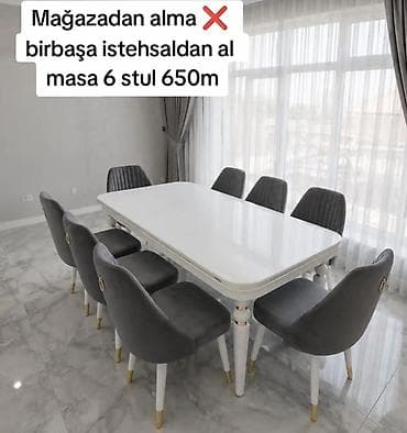 Ağ rəngli yemək masası və 6 ədəd stul dəsti - Masa: parlaq ağ üst — 1