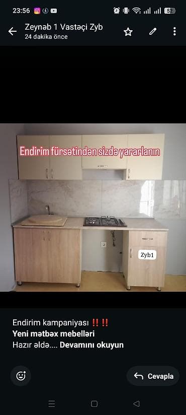 Endirim kampaniyası ‼️‼️ *Yeni mətbəx mebelləri* Hazır əldə. Müştəri
