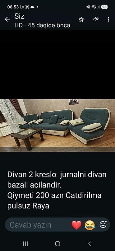Divan dəsti: 1 divan, 2 kreslo və jurnal masası. Divan bazalıdır və at lalafo.az Divan dəsti: 1 divan, 2 kreslo və jurnal masası. Divan bazalıdır və