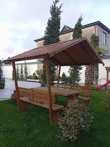 demir dam: Bağ üçün taxta besedka (skamyalar və masa dəsti ilə) - Material — 4