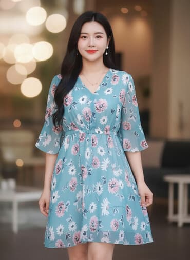 düyməli cins ətəklər: Mavi-yaşıl tonlarda çiçək naxışlı qadın paltarı. - Model: A-kəsimli — 1