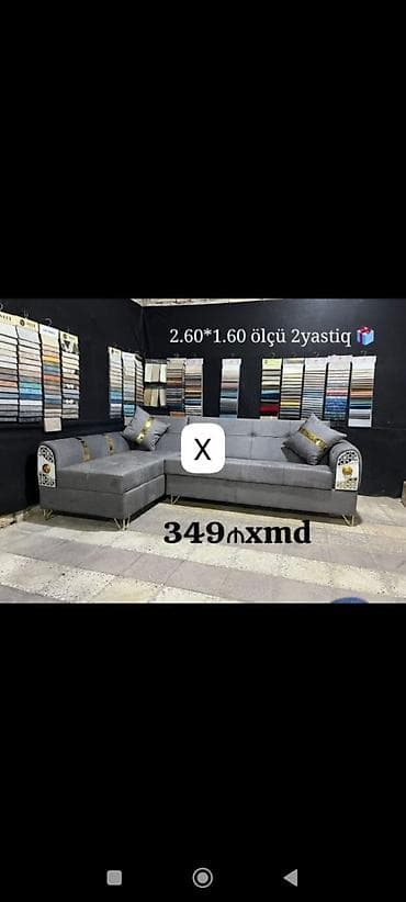 plasmas panel: Künc divan – ölçü 2.60 x 1.60 m. - Rəng: boz tonları, qızılı dekor — 1