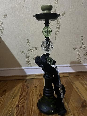 sulu qelyan satisi: Nargilə dəsti – şüşə gövdəli, metal şaxtalı, yaşıl-qara dizayn — 2