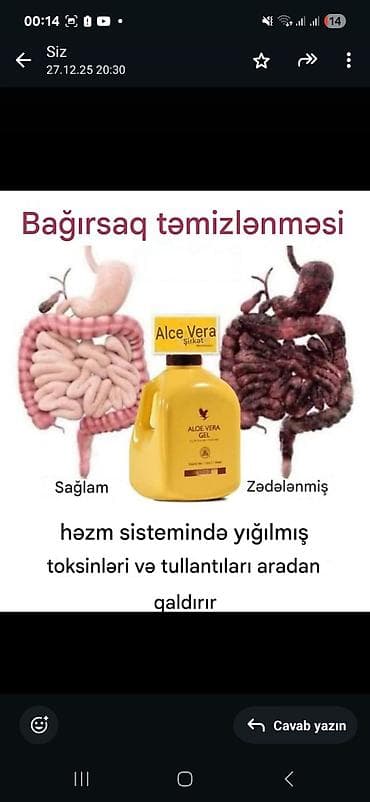 Şirniyyat məhsulları: Məhsul: Aloe Vera Gel (maye içki) Təsvir: - Həzm sistemi üçün nəzərdə — 1