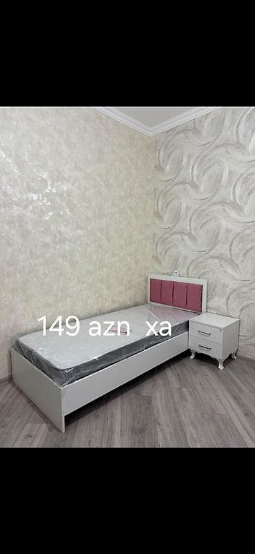 kamot mebel: Tək nəfərlik çarpayı və tumba dəsti. - Rəng: ağ karkas, başlıqda tünd — 1