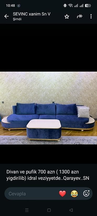 divan sifarisi: Divan ve pufik 700 azn ( 1300 azn yigdirilib) idral — 1