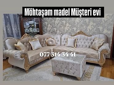 Klassik üslubda L formalı yumşaq mebel dəsti. - Künc divan: qızılı