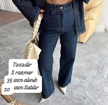 Qadın üçün tünd mavi denim şalvar - Kəsim: düz/azca enli balaq - Öndə