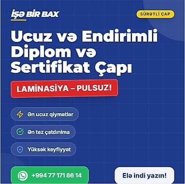 🎓 Diplom və sertifikat dizaynı 🖨️ Diplom / sertifikat çapı 🪪