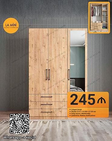 3 qapılı, Güzgülü, Digər rəng, Taxta, Açılan, Düz dolab