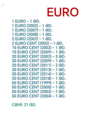 EURO sikkələri dəsti – ümumilikdə 21 ədəd. Tərkib: - 1 EURO: 1 əd. -