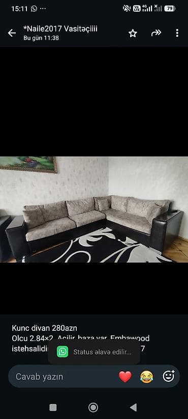 Kunc divan 280azn Olcu 2.84×2. Acilir, baza var. Embawood