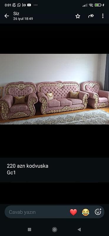 divan oturacaq: Divan-kreslo dəsti - Rəng: bənövşəyi (açıq krem detallarla) - Tərkib — 2