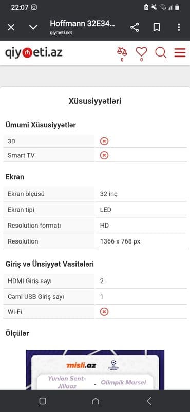123 ekran smart tv: Hoffman 82 ekran led əla vəziyyətdə 32e3400 — 3