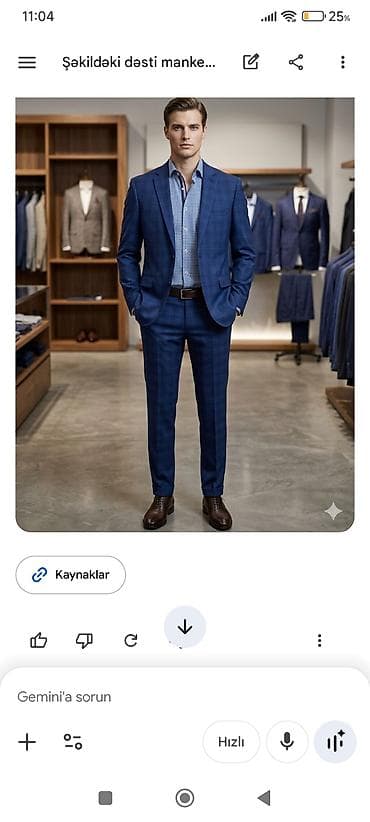 herbi paltar: Məhsul: Kişi kostyum dəsti – mavi, xətli (rəndalı) naxışlı, Slim Fit — 1