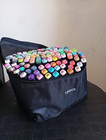 pozanli qelem: 120 ədəd ikiucu marker dəsti – rəngli kulerlərlə tekstil çantada - — 1