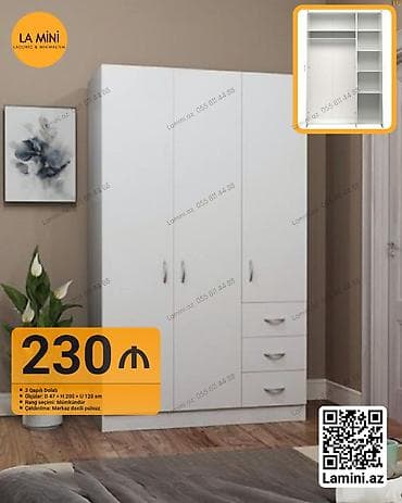 3 qapılı, Siyirməli, Ağ, Açılan, Düz dolab