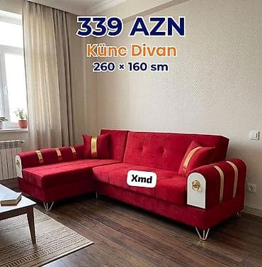Künc divan – 260 × 160 sm - Parlaq qırmızı rəngdə, zolaqlı dekor