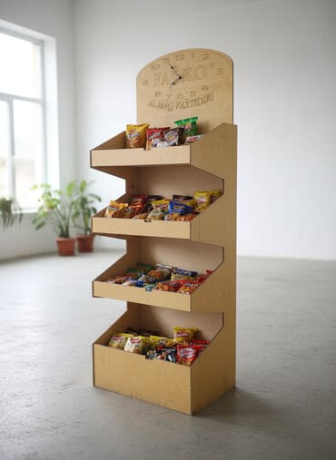 Taxta vitrin/raf stendi – üzərində saatlı başlıq - Material: möhkəm