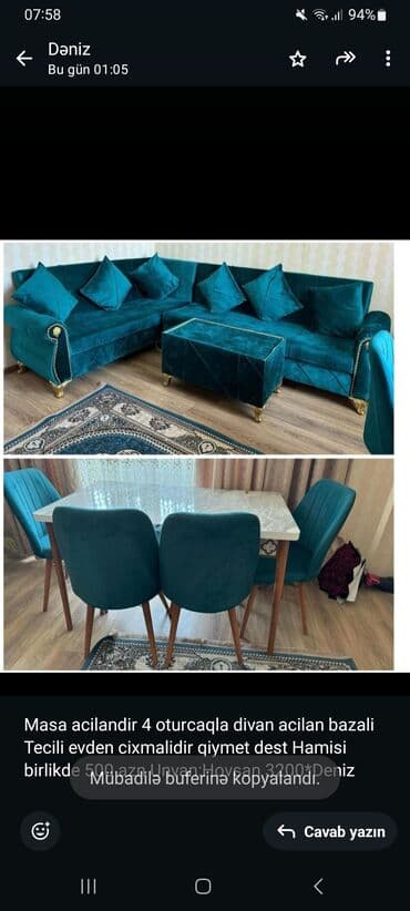 2ci əl divan kreslo: Masa acilandir 4 oturcaqla divan acilan bazali Tecili evden cixmalidir — 1