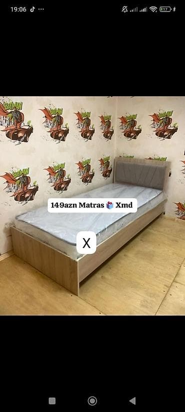 Mebel: Tək nəfərlik çarpayı və matras dəsti. - Rəng və material: açıq ağac — 1