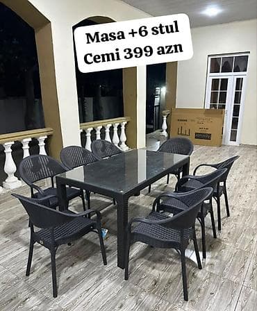 Ev və bağ: Plastik veranda dəsti – masa + 6 stul - Rəng: tünd qəhvəyi/çəhrayı — 6