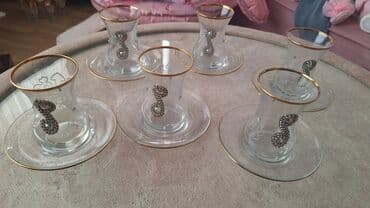 Çaydanlar və qəhvədanlar: Zərif süfrə dəstləri 1) Qrafin və badə dəsti - Şüşə qrafin: kəsimli — 3