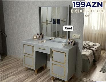 lider mebel: Vizaj stolu və güzgü dəsti - Rəng: Boz, qızılı dekor elementləri ilə — 1