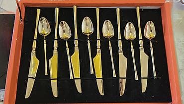 qizil baliq: Qızılı rəngli süfrə ləvazimatları dəsti - Tam dəst: çəngəl, qaşıq və — 2