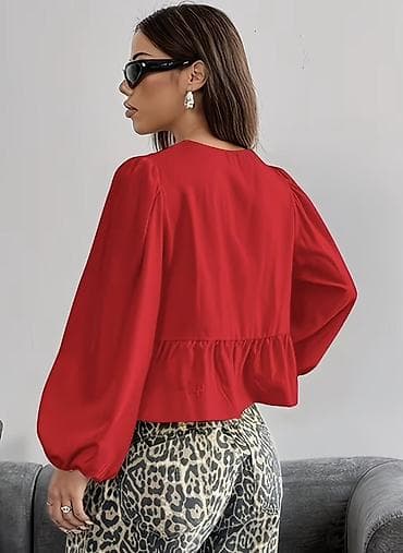 Qırmızı qadın bluzası - Model: Bağcıqlı ön dizaynlı, dekorativ lent — 2