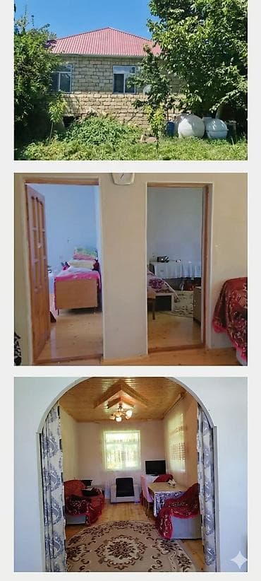 Daş kürsülü, qırmızı dam örtüklü həyət evi. Evin planı: mərkəzi